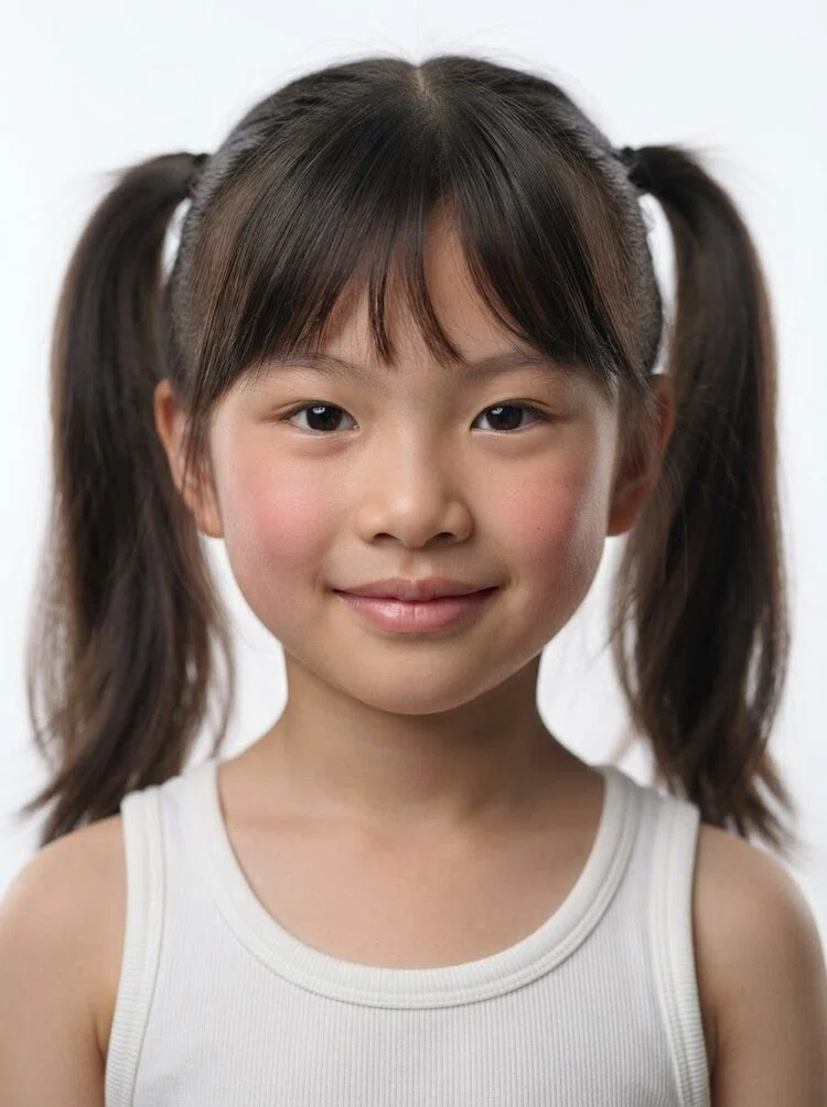 Young female fashion model with shoulder-length dark brown hair in pigtails