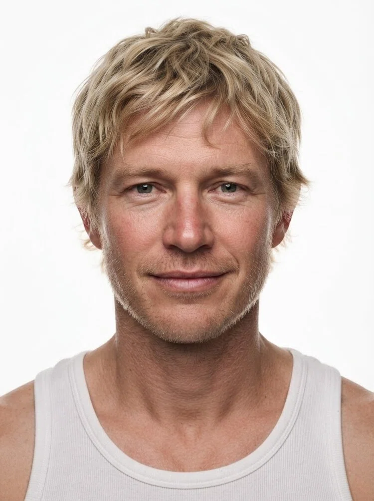 Middle-aged male fashion model with short messy blonde hair, close-up.