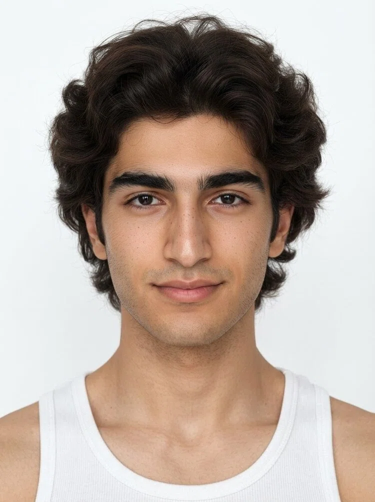 Young male fashion model with medium wavy dark brown hair, close-up.