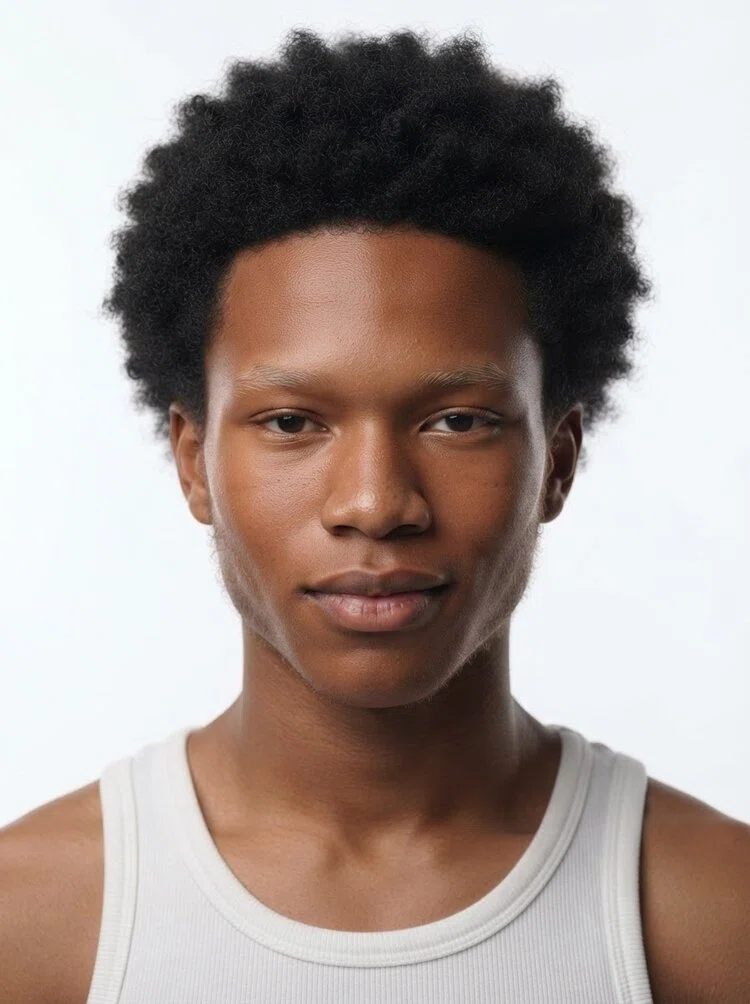 Young male fashion model with short black curly hair