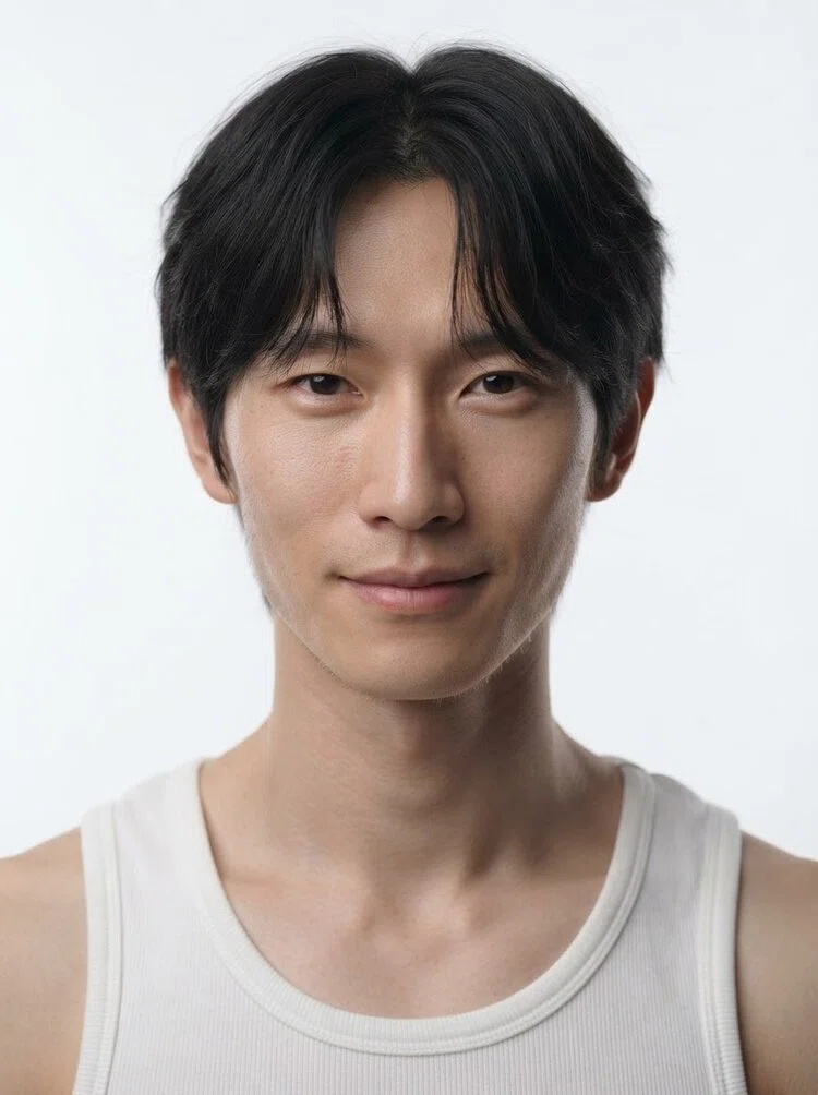 Young male fashion model with short black hair with bangs