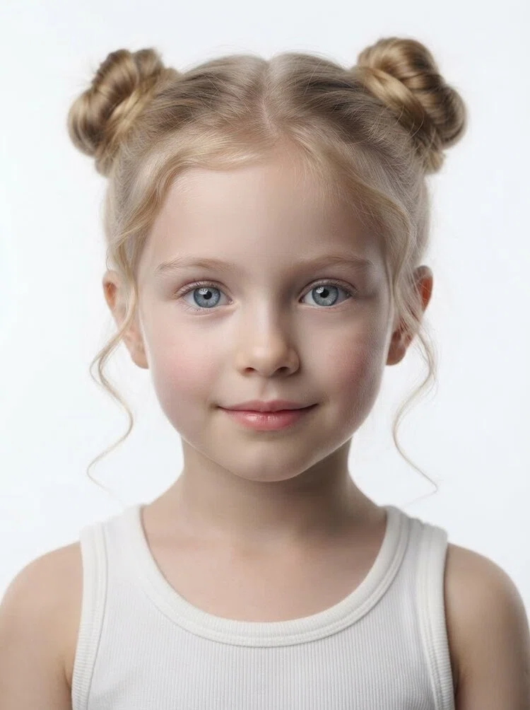 Young female fashion model with blonde hair in space buns, close-up.