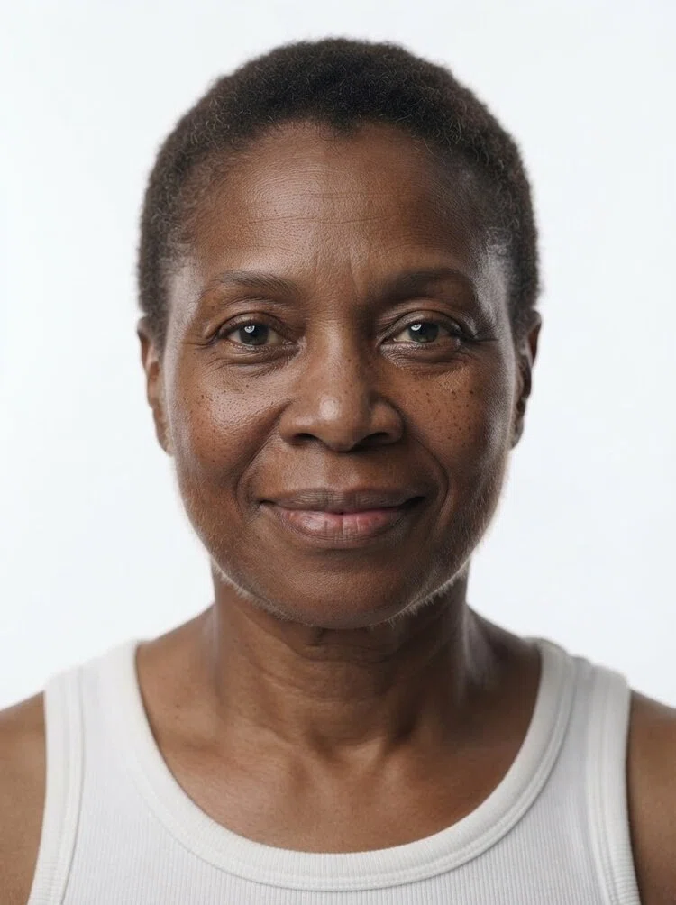 Middle-aged female fashion model with short dark brown buzz cut