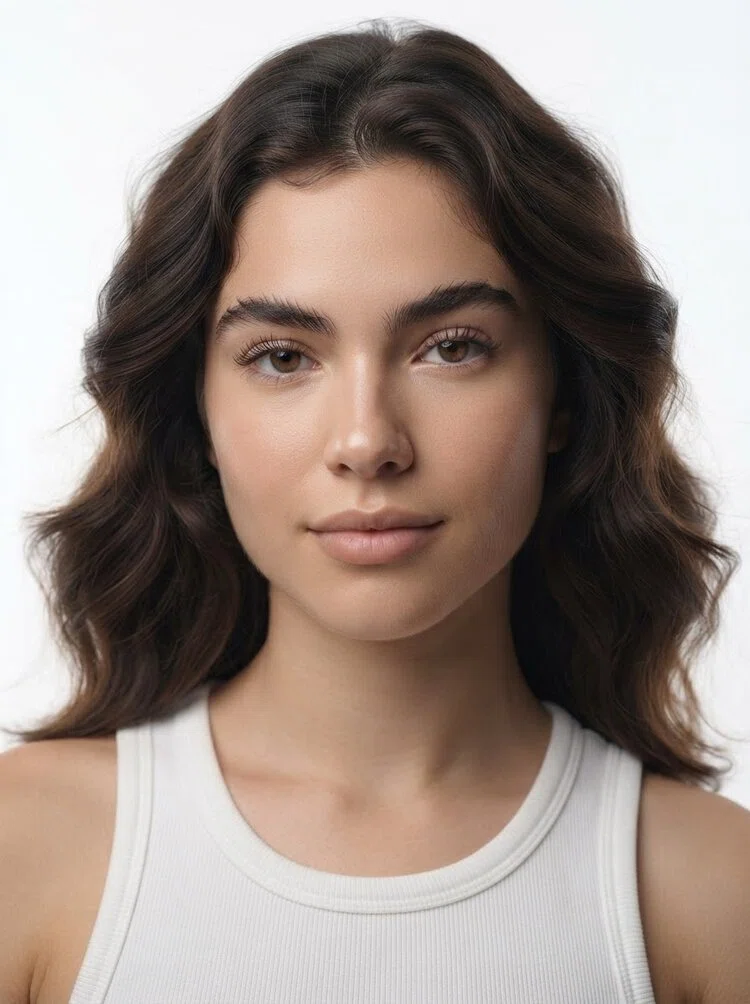 Young female fashion model with shoulder-length wavy dark brown hair