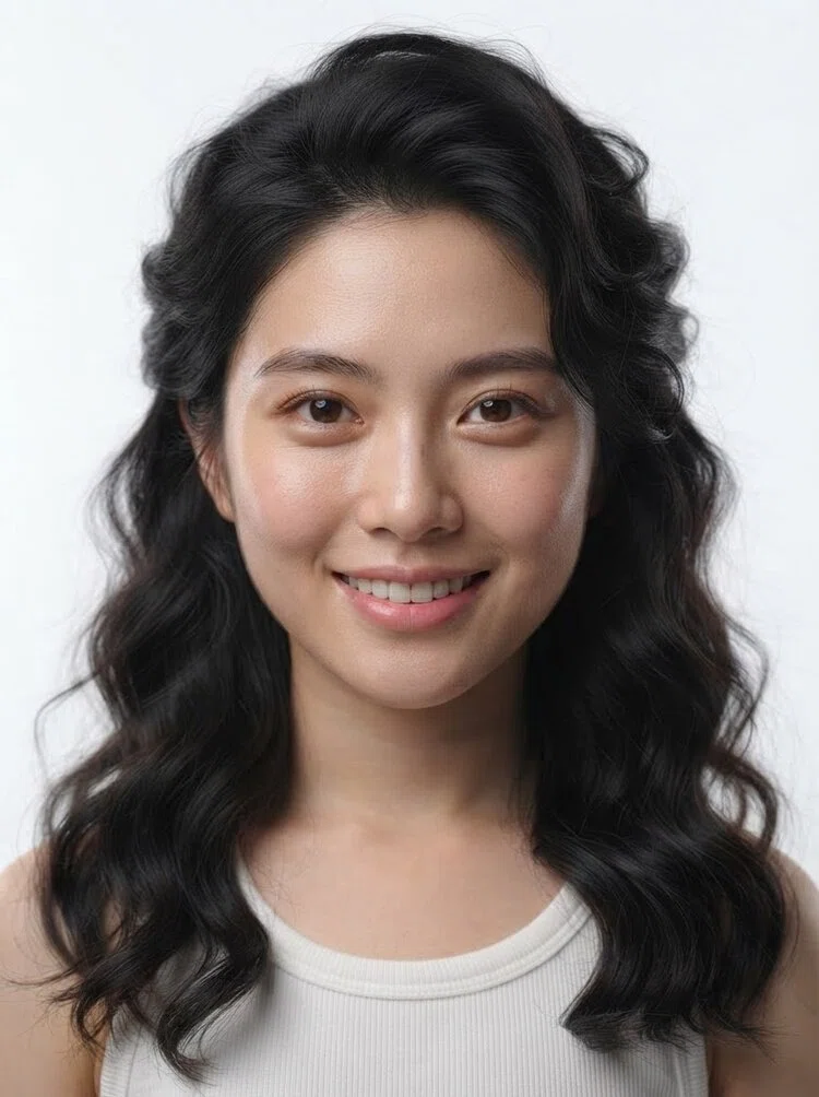 Young female fashion model with long black wavy hair