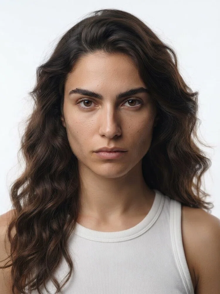 Young female fashion model with long wavy dark brown hair