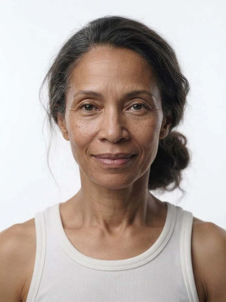 Middle-aged female fashion model with long grey bun