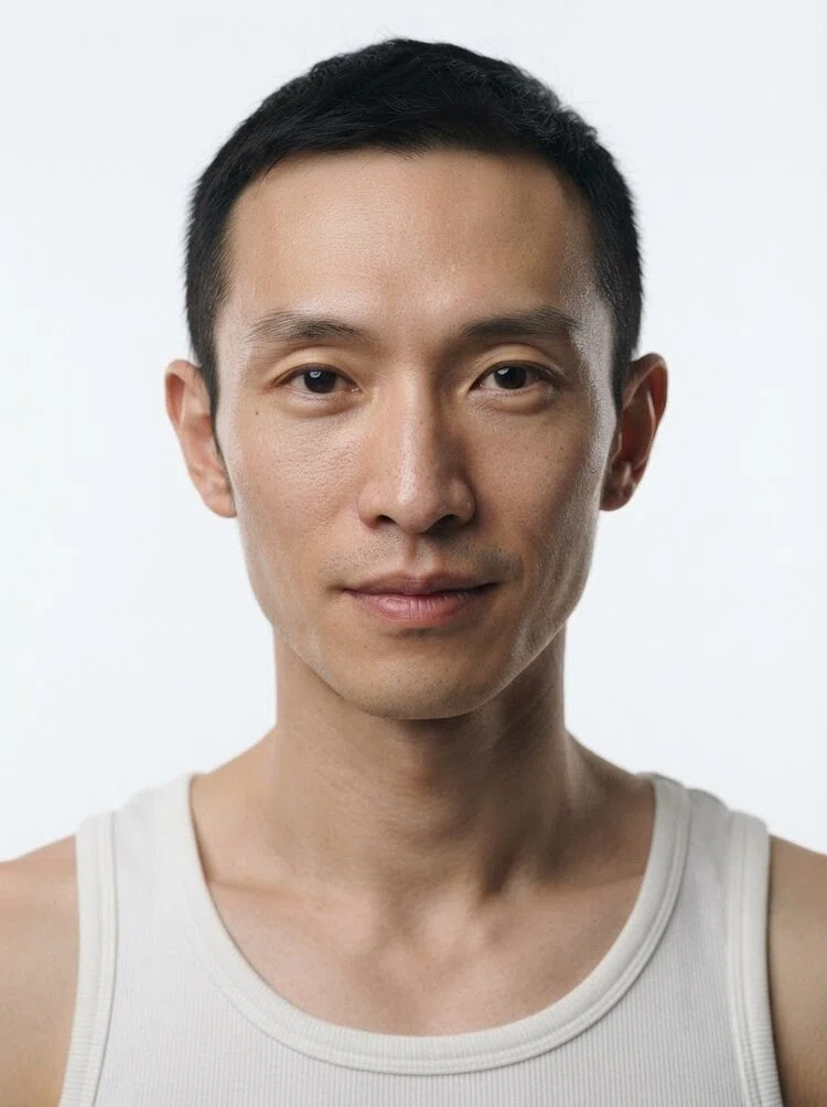Young male fashion model with short black buzz cut