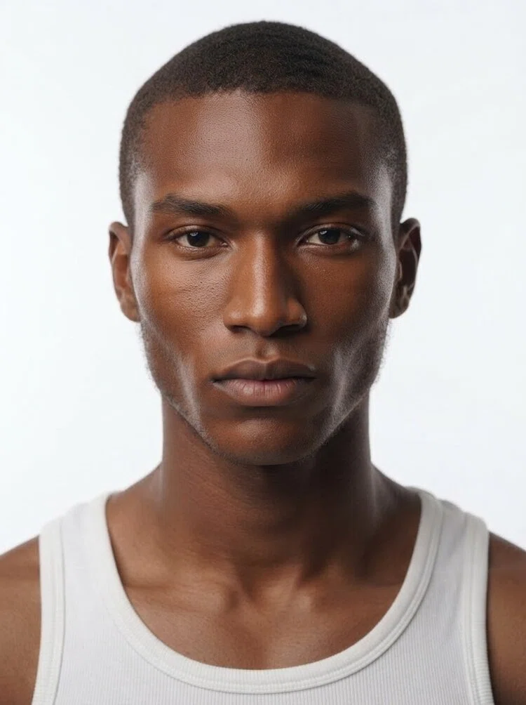Young male fashion model with short black buzz cut