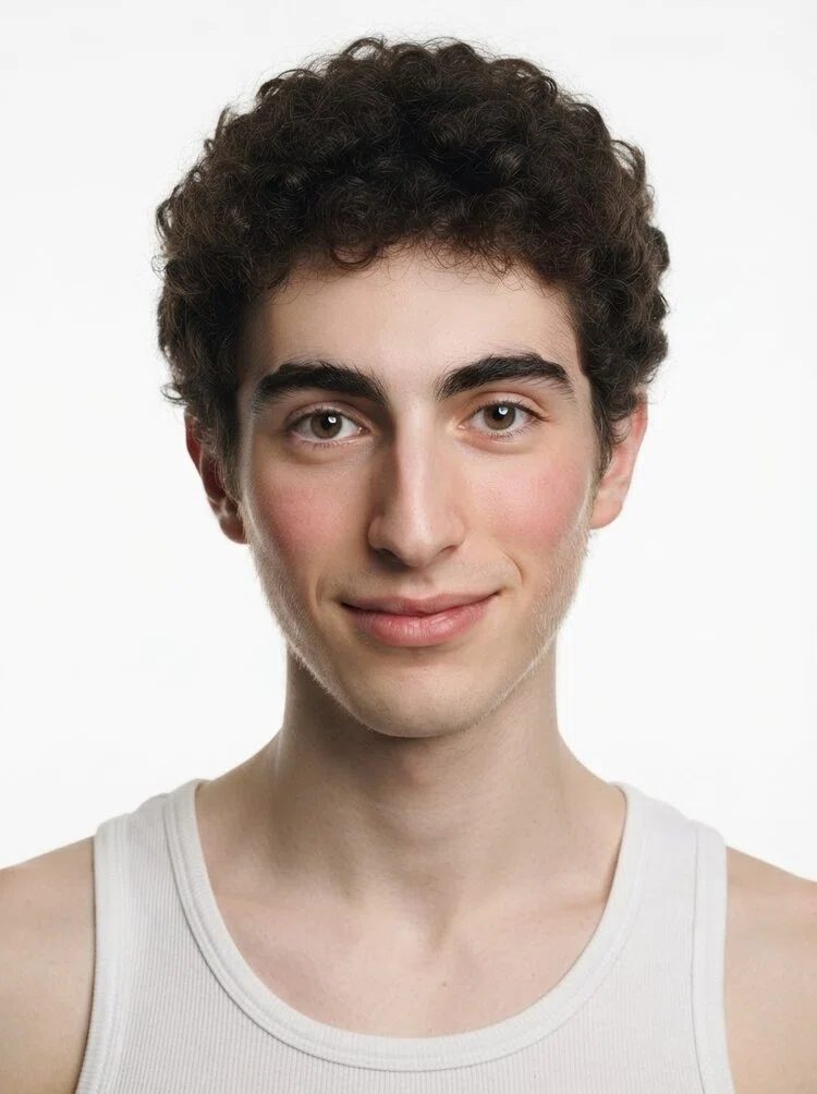 Young male fashion model with short dark brown curly hair