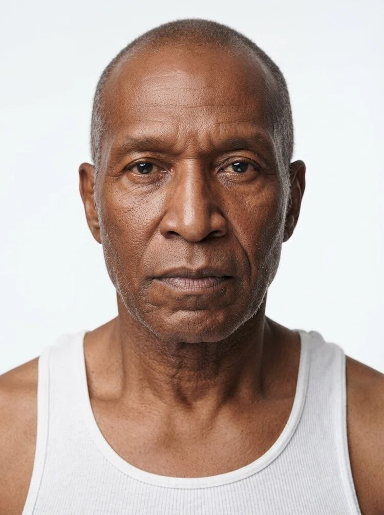Elderly male fashion model with short grey buzz cut