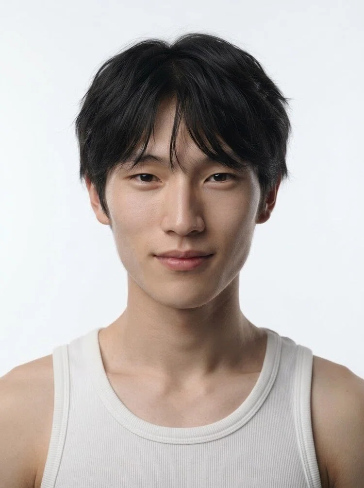 Young male fashion model with short black wavy hair