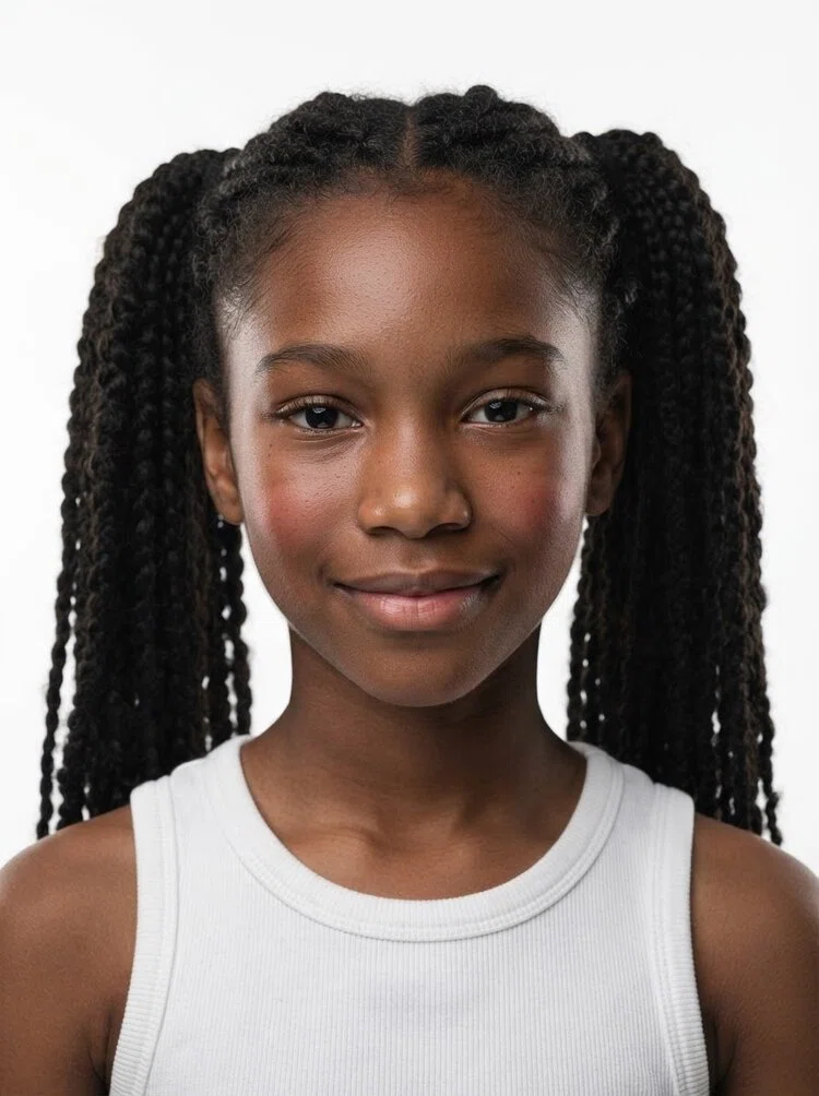 Young female fashion model with long black braided pigtails