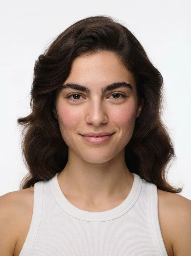 Young female fashion model with shoulder-length wavy dark brown hair