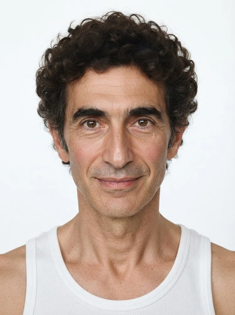 Middle-aged male fashion model with short dark brown curly hair