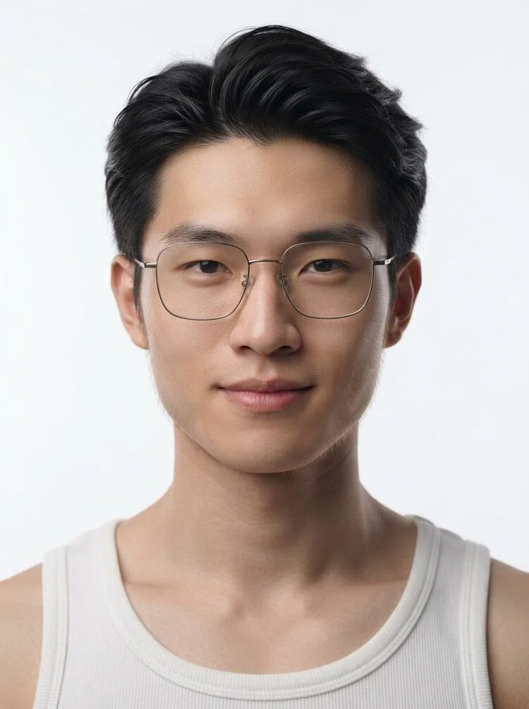 Young male fashion model with short black wavy hair