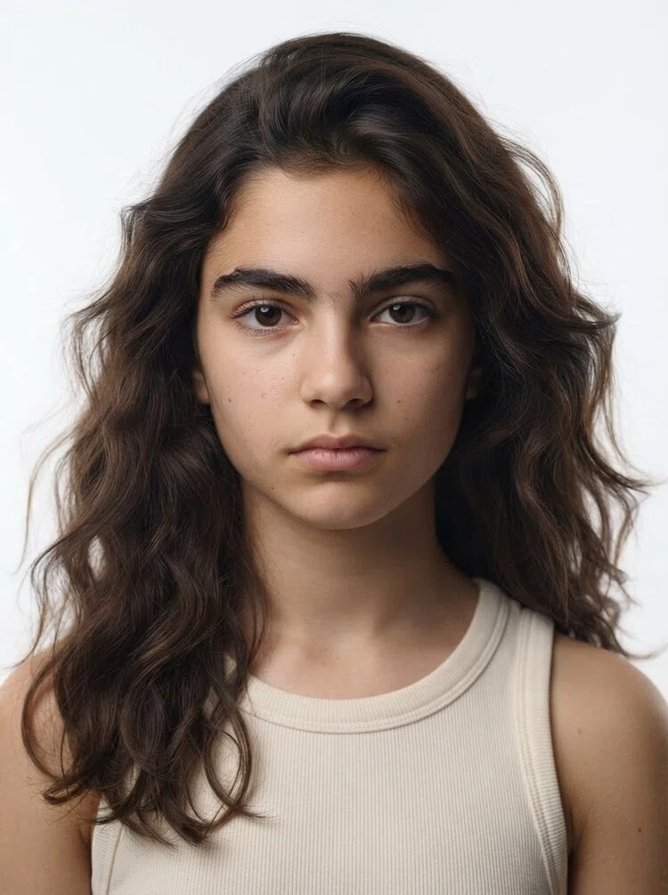 Young female fashion model with long wavy dark brown hair