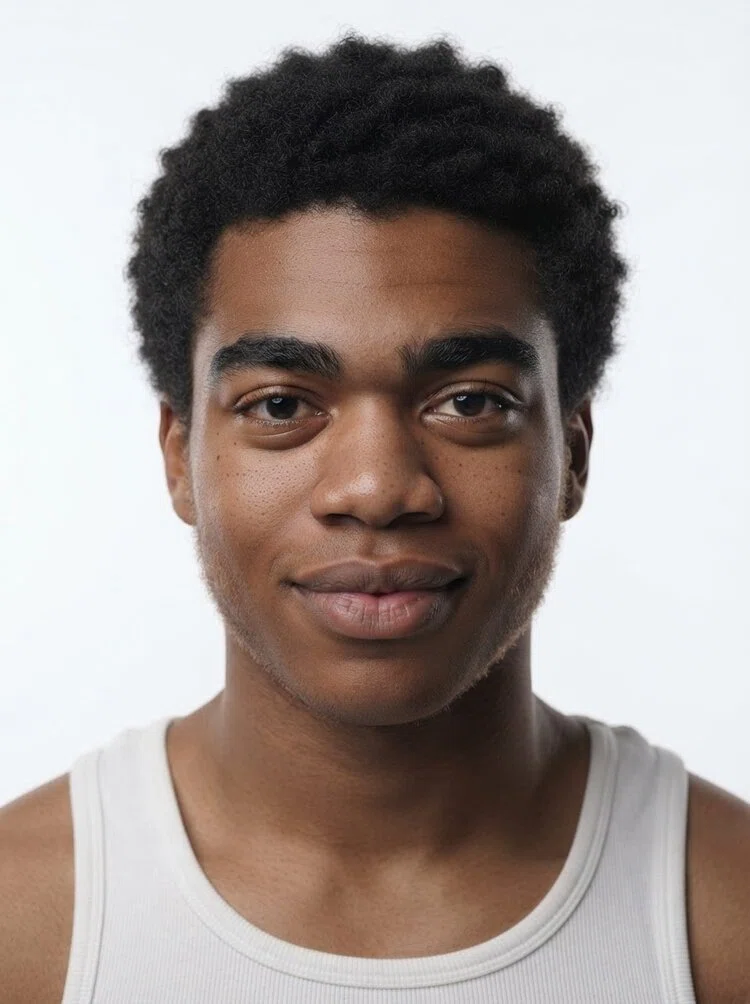 Young male fashion model with short black curly hair