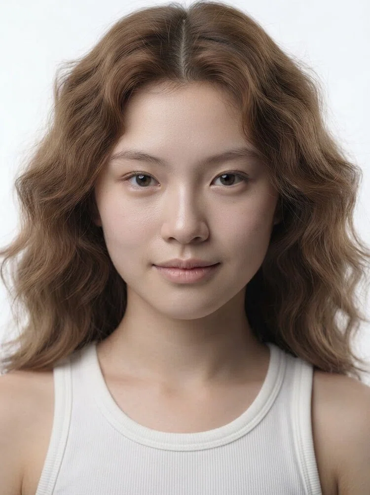 Young female fashion model with shoulder-length light brown wavy hair