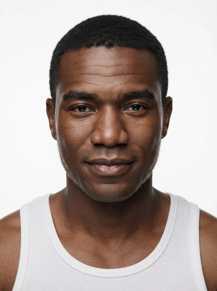 Young male fashion model with short black buzz cut
