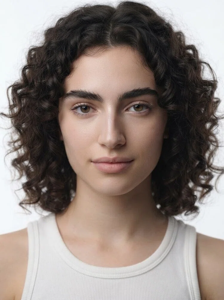 Young female fashion model with shoulder-length dark brown curly hair