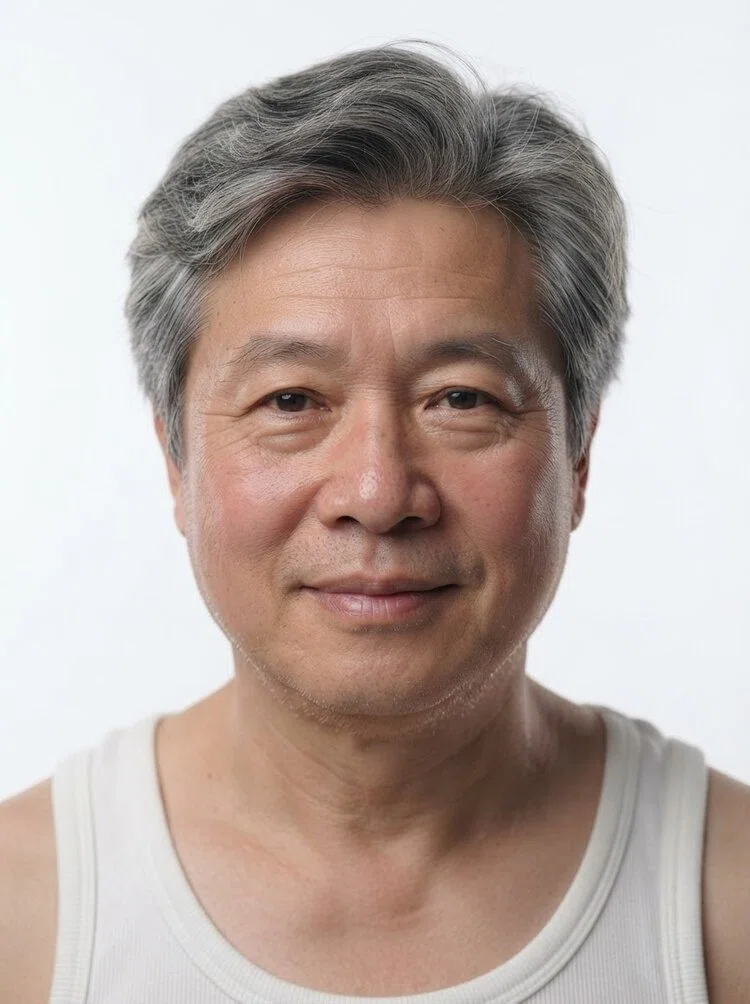 Middle-aged male fashion model with short grey wavy hair