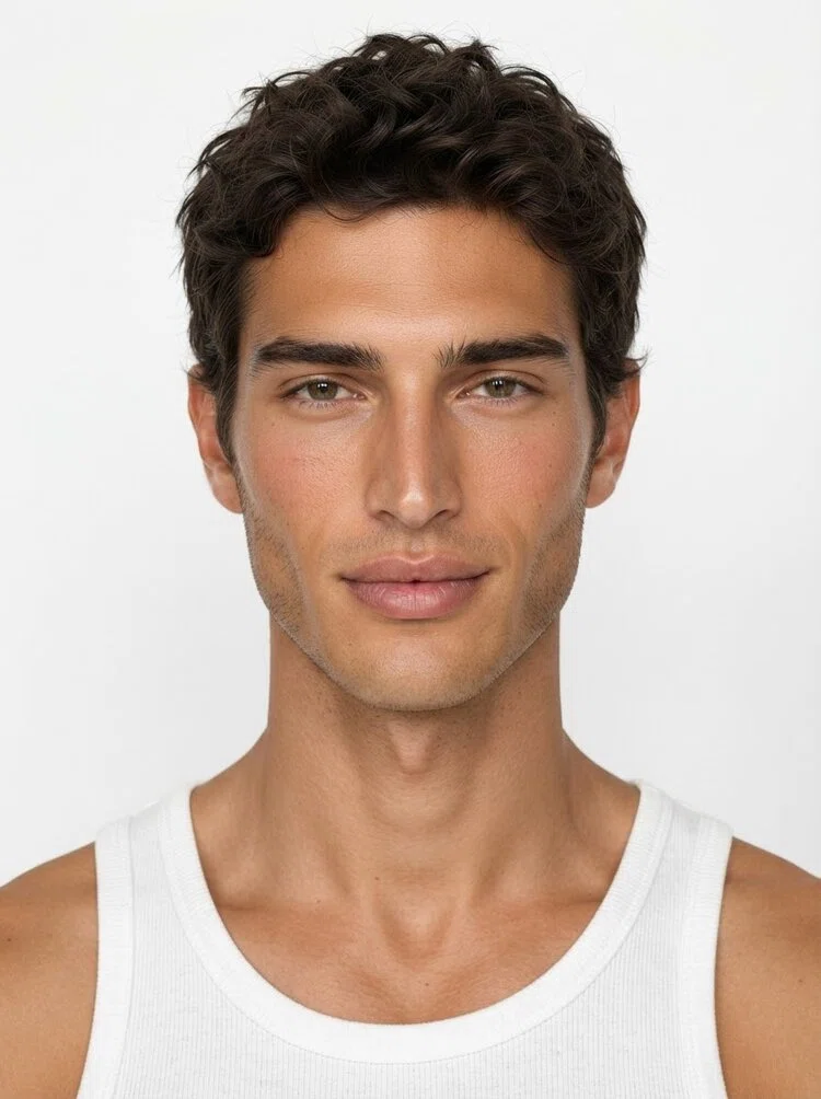 Young male fashion model with short dark brown wavy hair
