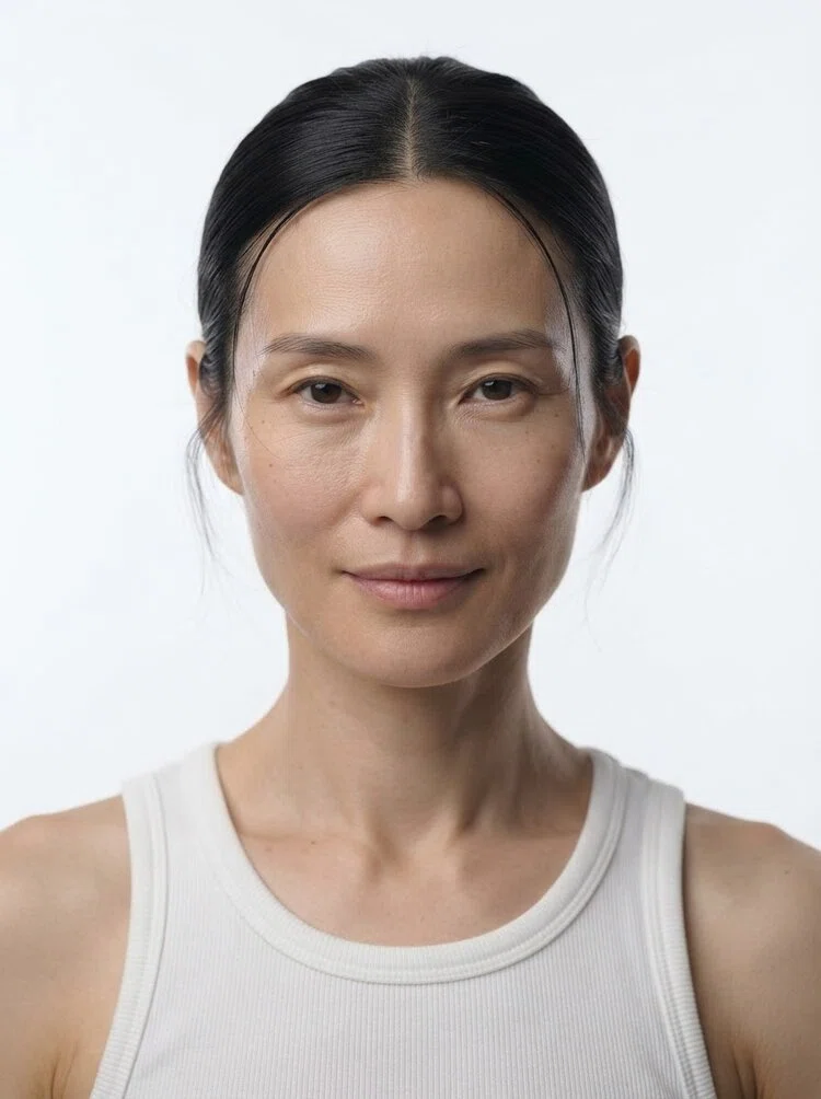 Middle-aged female fashion model with long black hair in a bun