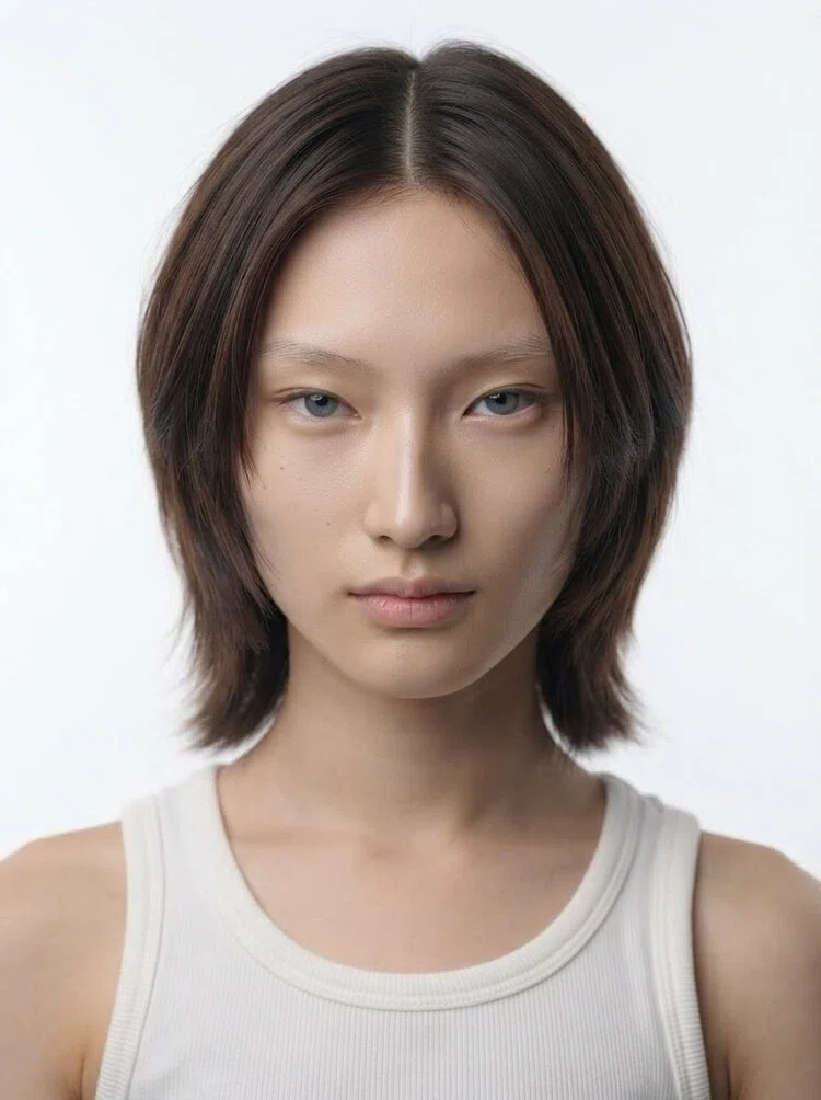 Young female fashion model with shoulder-length dark brown hair, close-up.