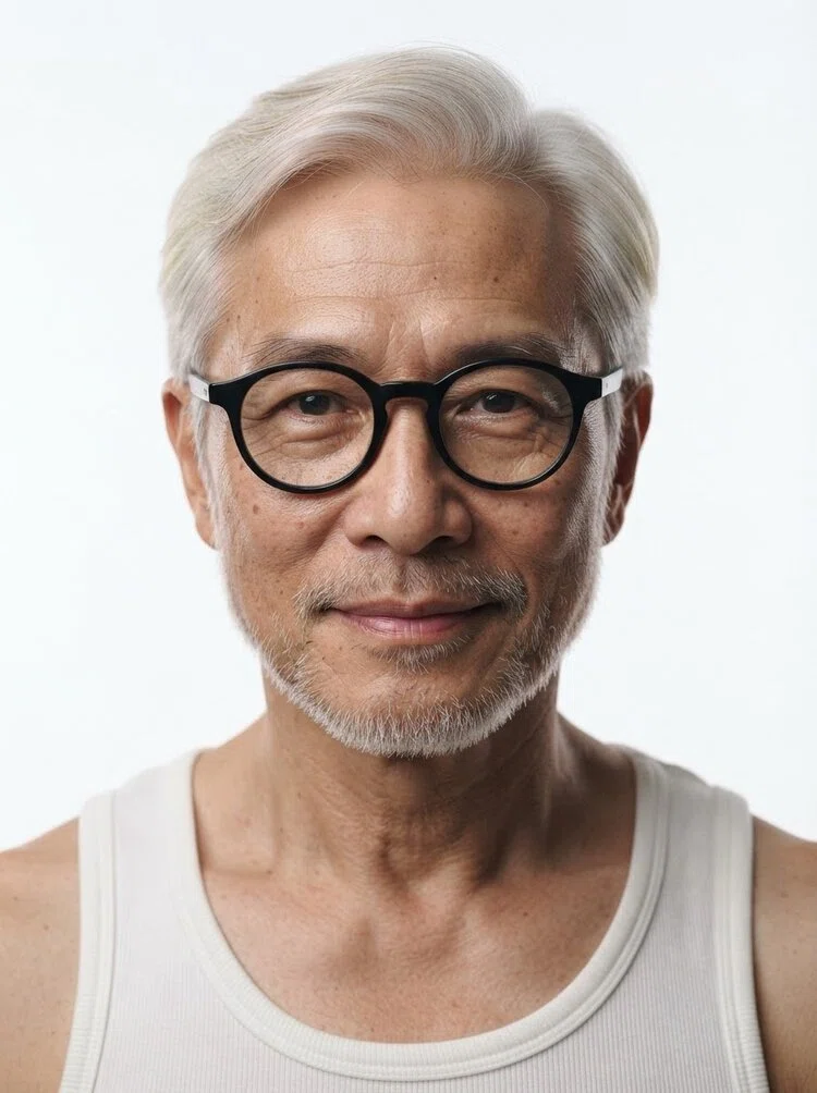 Elderly male fashion model with short white hair
