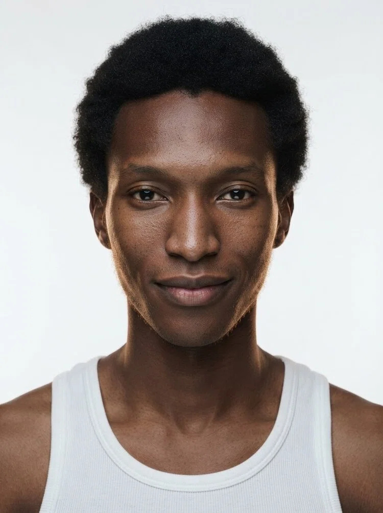 Young male fashion model with short black curly hair