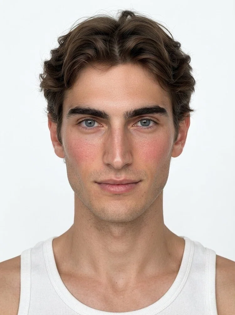 Young male fashion model with short dark brown wavy hair