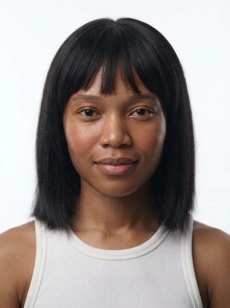 Young female fashion model with shoulder-length black hair