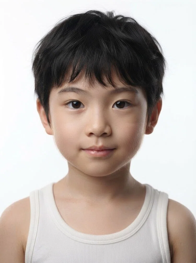Young male fashion model with short black hair and bangs, close-up.