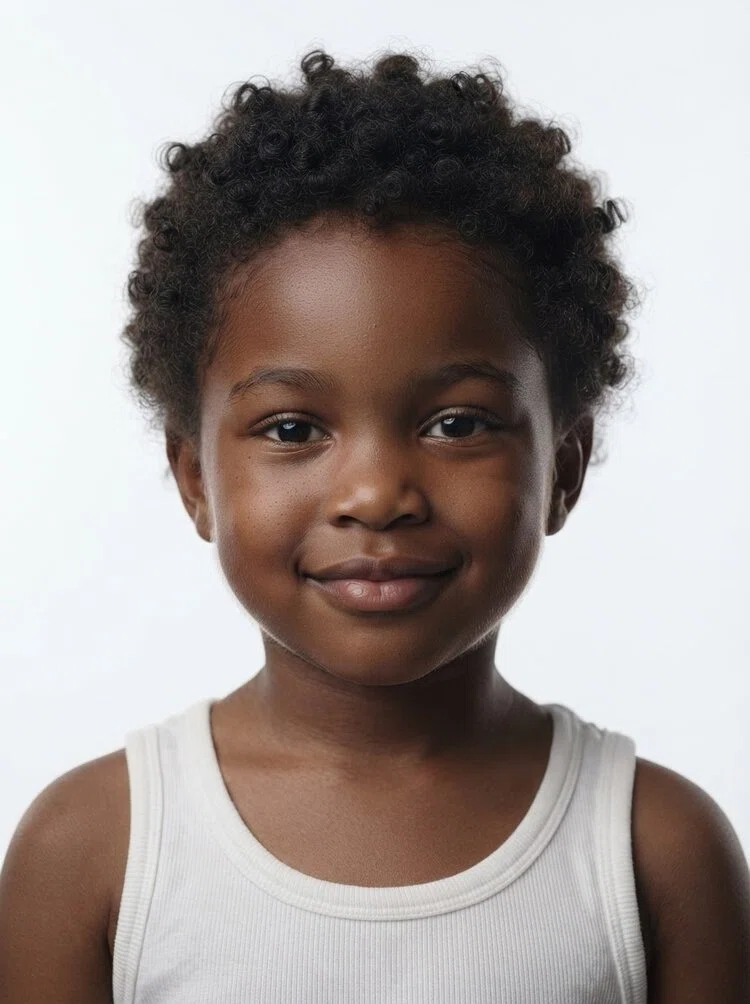 Young male fashion model with short curly black hair, close-up.