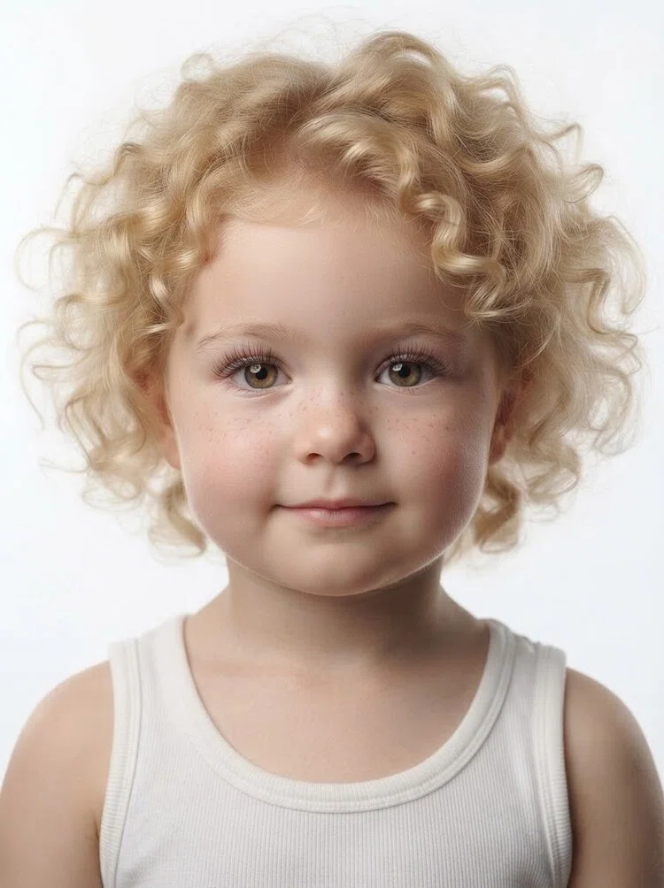 Young female fashion model with short curly blonde hair, close-up.