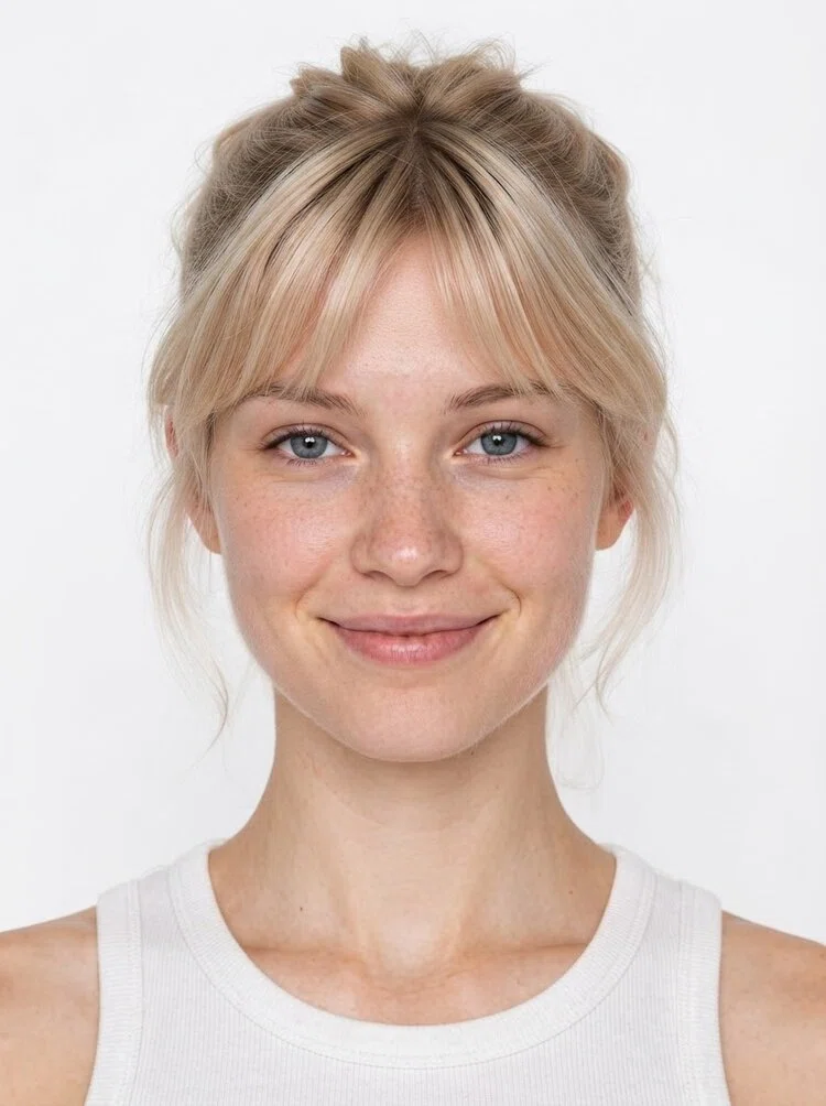 Young female fashion model with blonde hair in an updo, close-up.