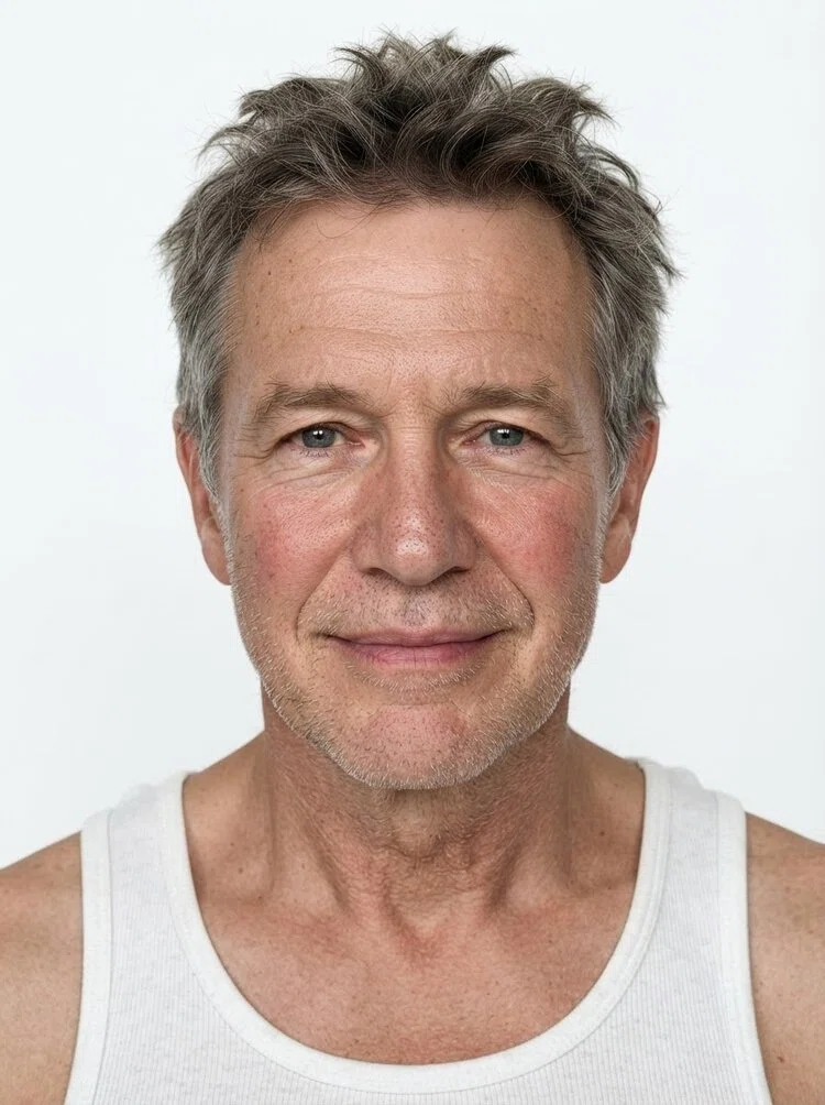 Middle-aged male fashion model with short salt-and-pepper hair, close-up.