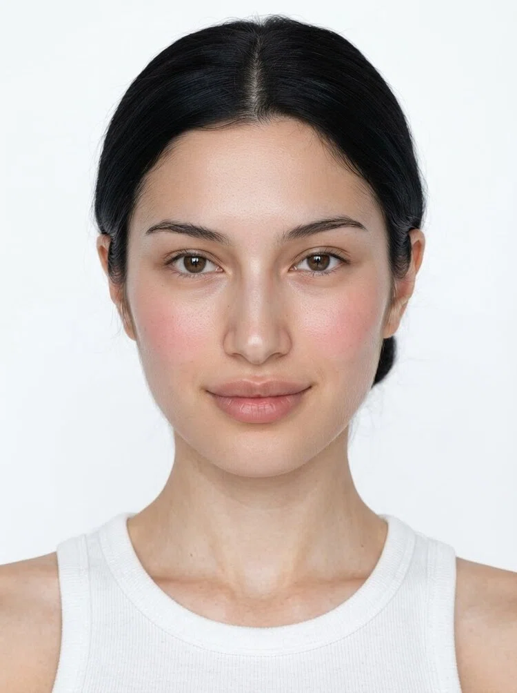 Young female fashion model with black hair in a low bun, close-up.