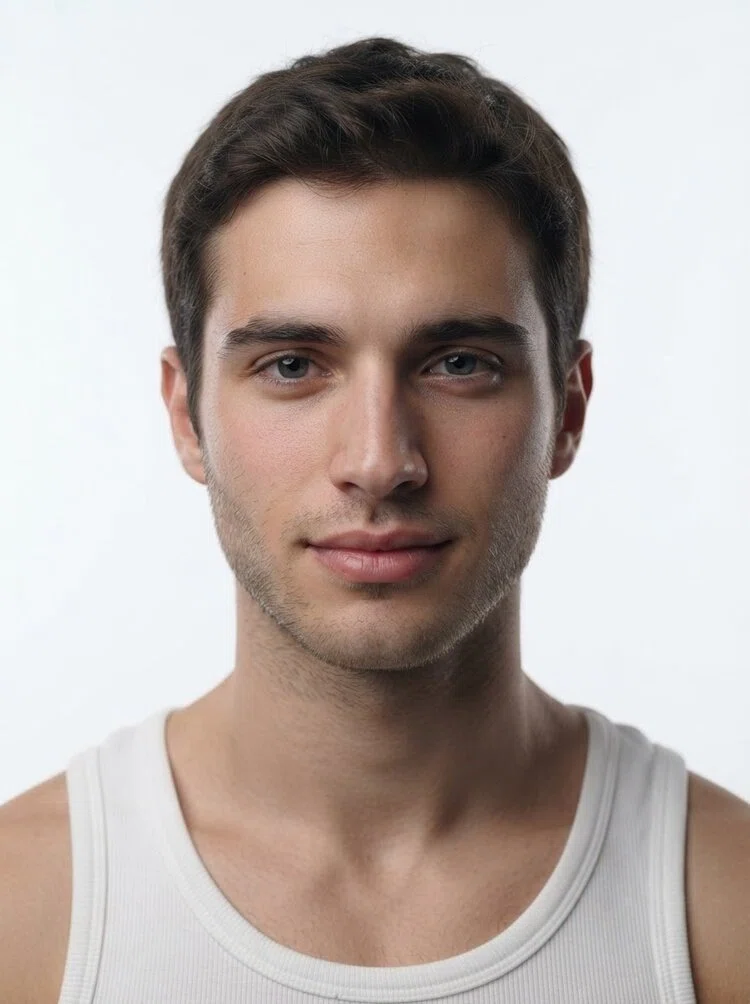 Young male fashion model with short dark brown hair