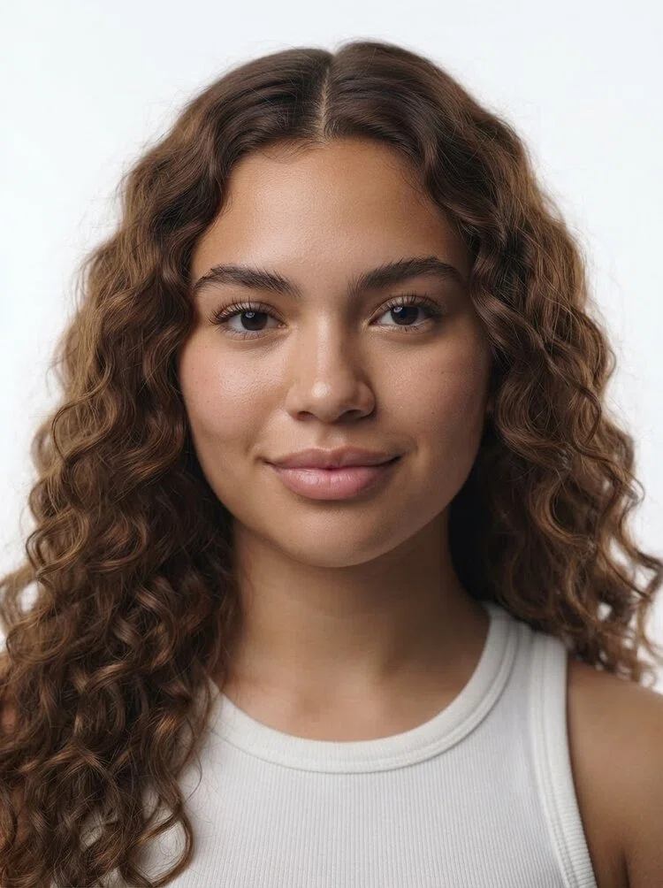 Young female fashion model with long light brown curly hair
