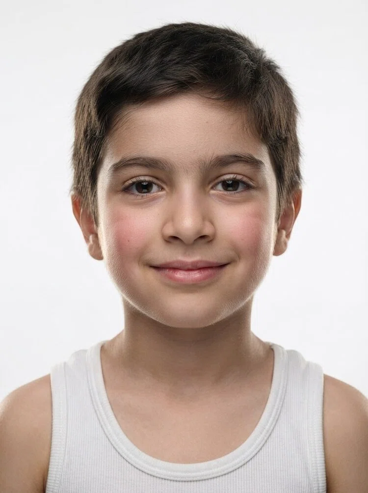 Young boy fashion model with short dark brown hair, close-up.
