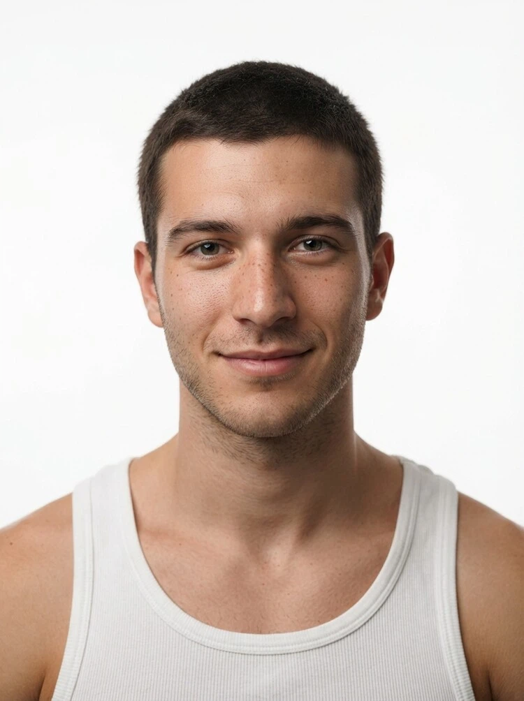 Young male fashion model with short buzzed dark brown hair, close-up.