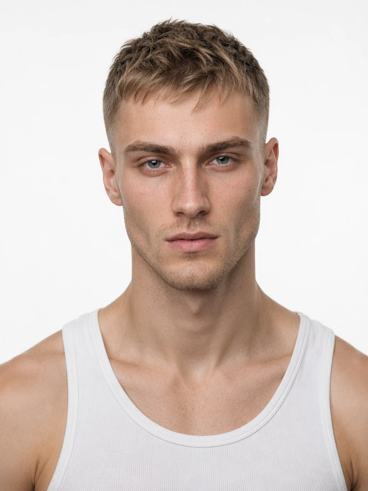 Young male fashion model with short textured light brown hair, close-up.