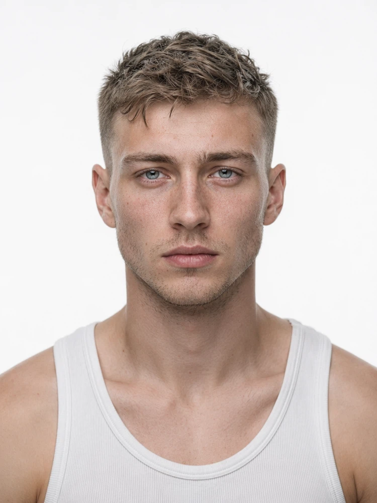 Young male fashion model with short textured light brown hair, close-up.
