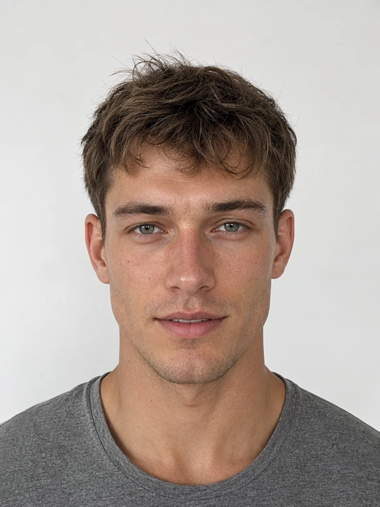 Young male fashion model with short textured brown hair, close-up.