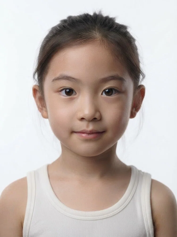 Young female fashion model with dark hair tied back, close-up.