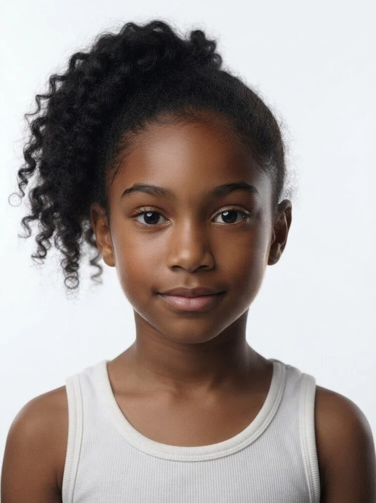 Young female fashion model with curly black hair in a ponytail, close-up.