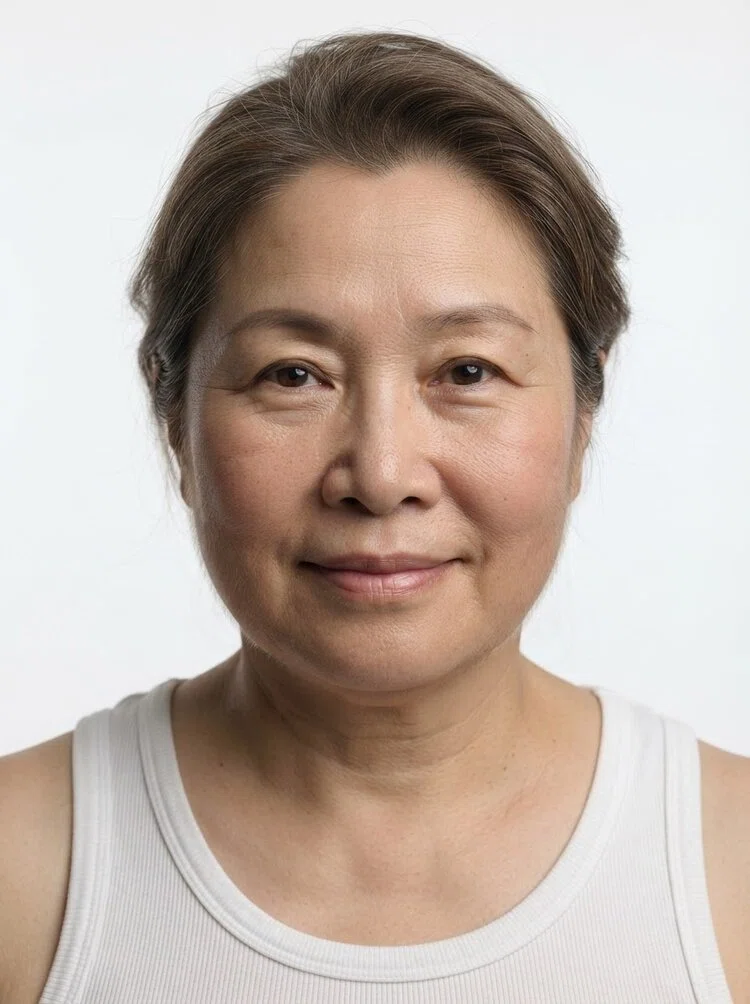 Old female fashion model with short salt-and-pepper hair, close-up.