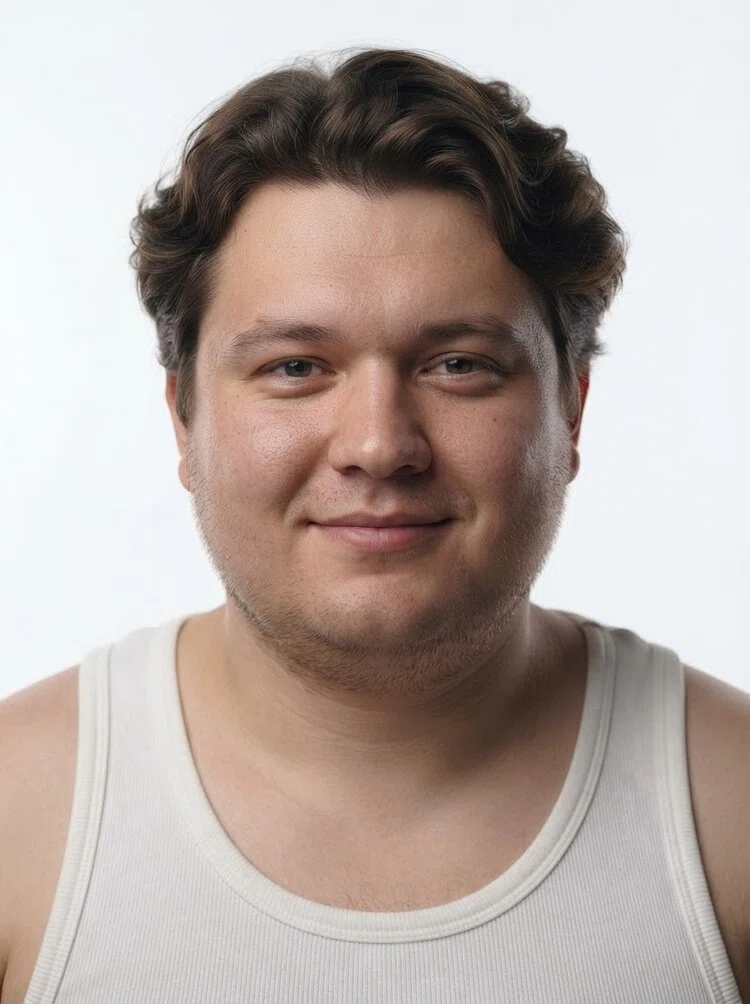 Young male fashion model with short wavy dark brown hair, close-up.